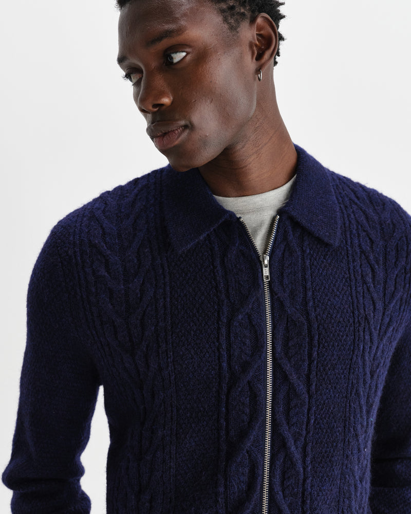 wax london men's Friar - Navy Brush Cable Knit Zip Cardigan