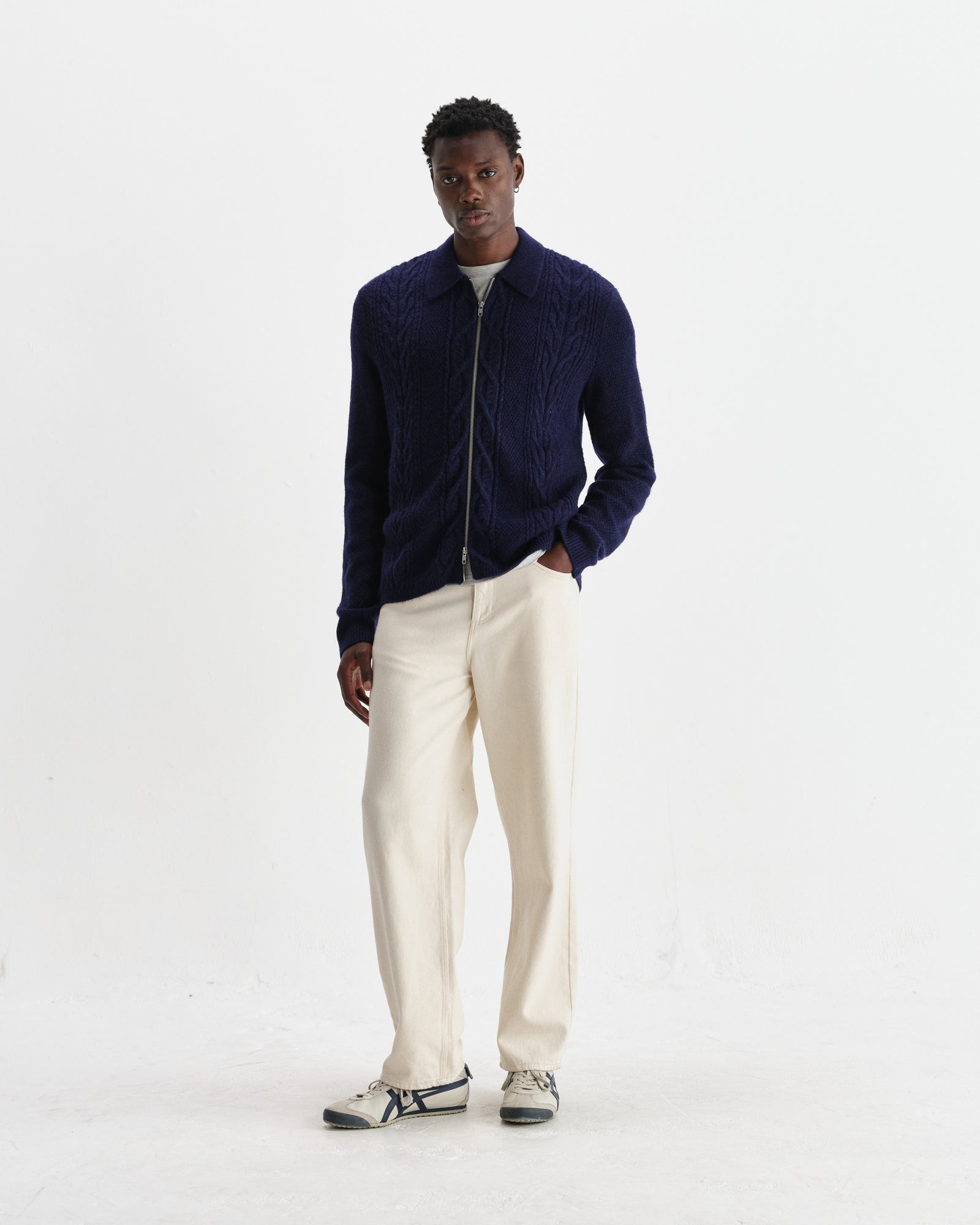 Men's Navy Brush Cable Knit Zip Cardigan | Wax London