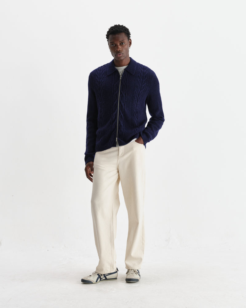 wax london men's Friar - Navy Brush Cable Knit Zip Cardigan