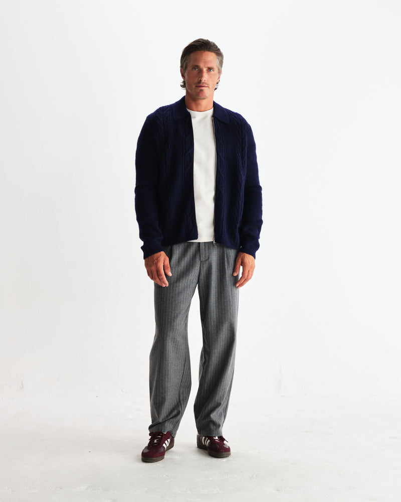 wax london men's Friar - Navy Brush Cable Knit Zip Cardigan