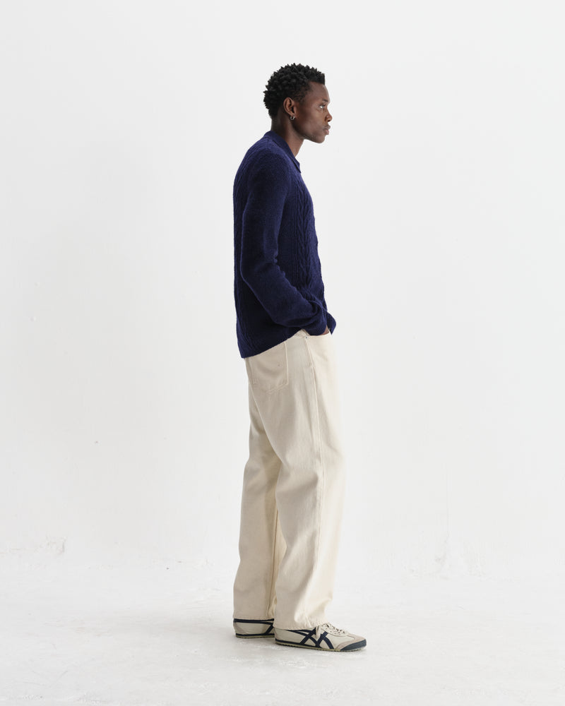 wax london men's Friar - Navy Brush Cable Knit Zip Cardigan