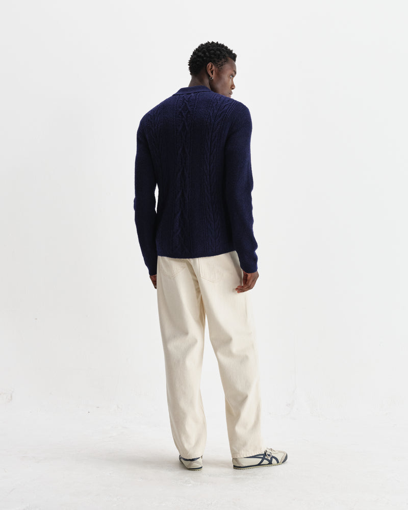 wax london men's Friar - Navy Brush Cable Knit Zip Cardigan