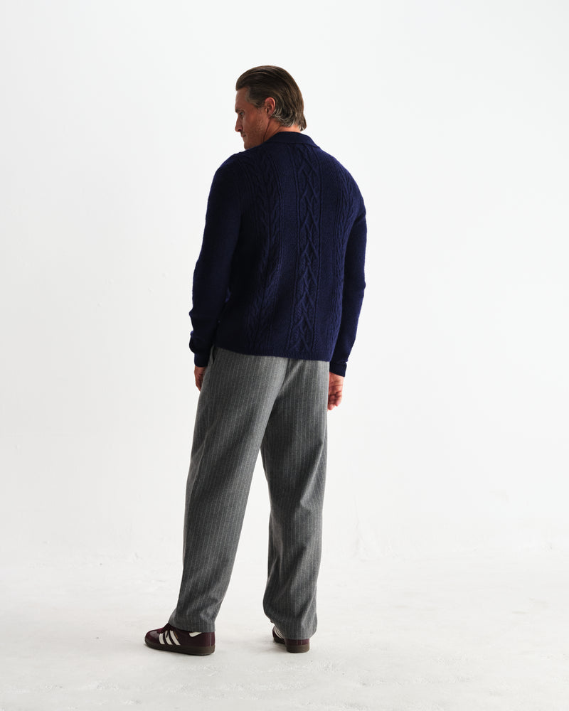 wax london men's Friar - Navy Brush Cable Knit Zip Cardigan