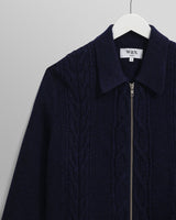 wax london men's Friar - Navy Brush Cable Knit Zip Cardigan