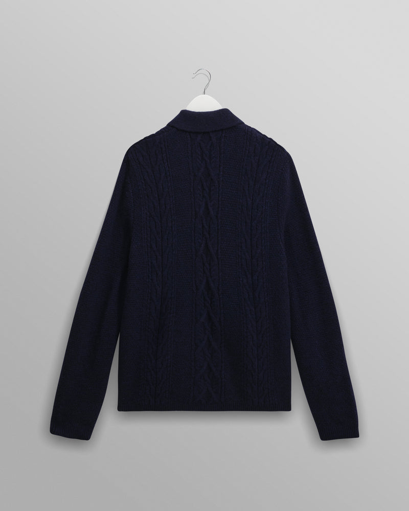 wax london men's Friar - Navy Brush Cable Knit Zip Cardigan