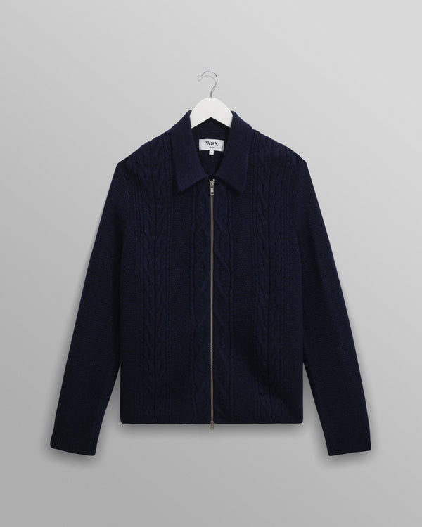 wax london men's Friar - Navy Brush Cable Knit Zip Cardigan