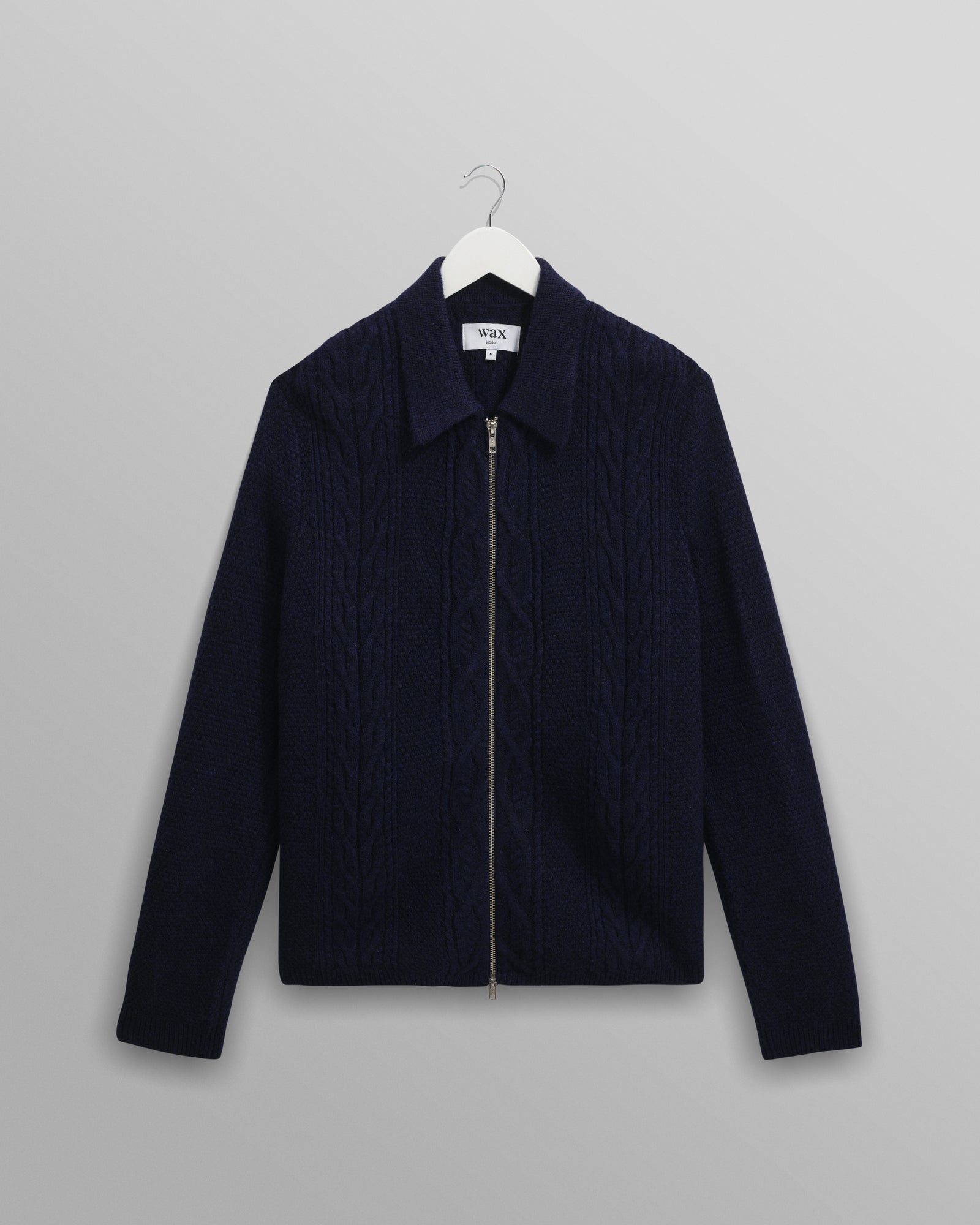 Men's Navy Brush Cable Knit Zip Cardigan | Wax London