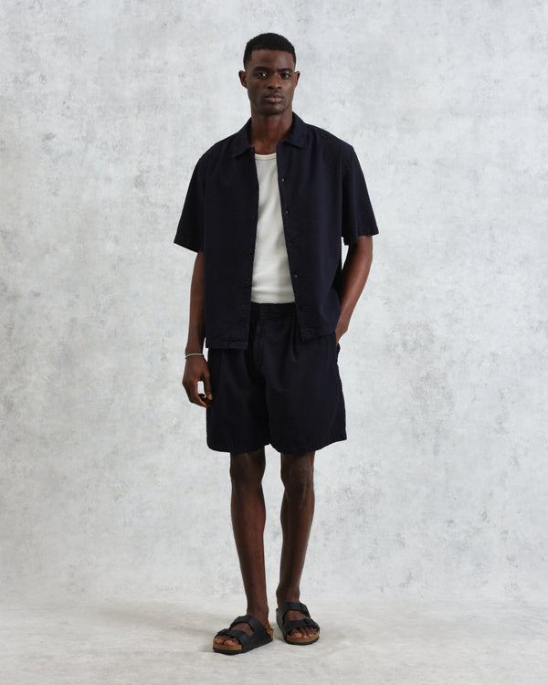 wax london men's Fuller - Navy Cotton Seersucker Shorts