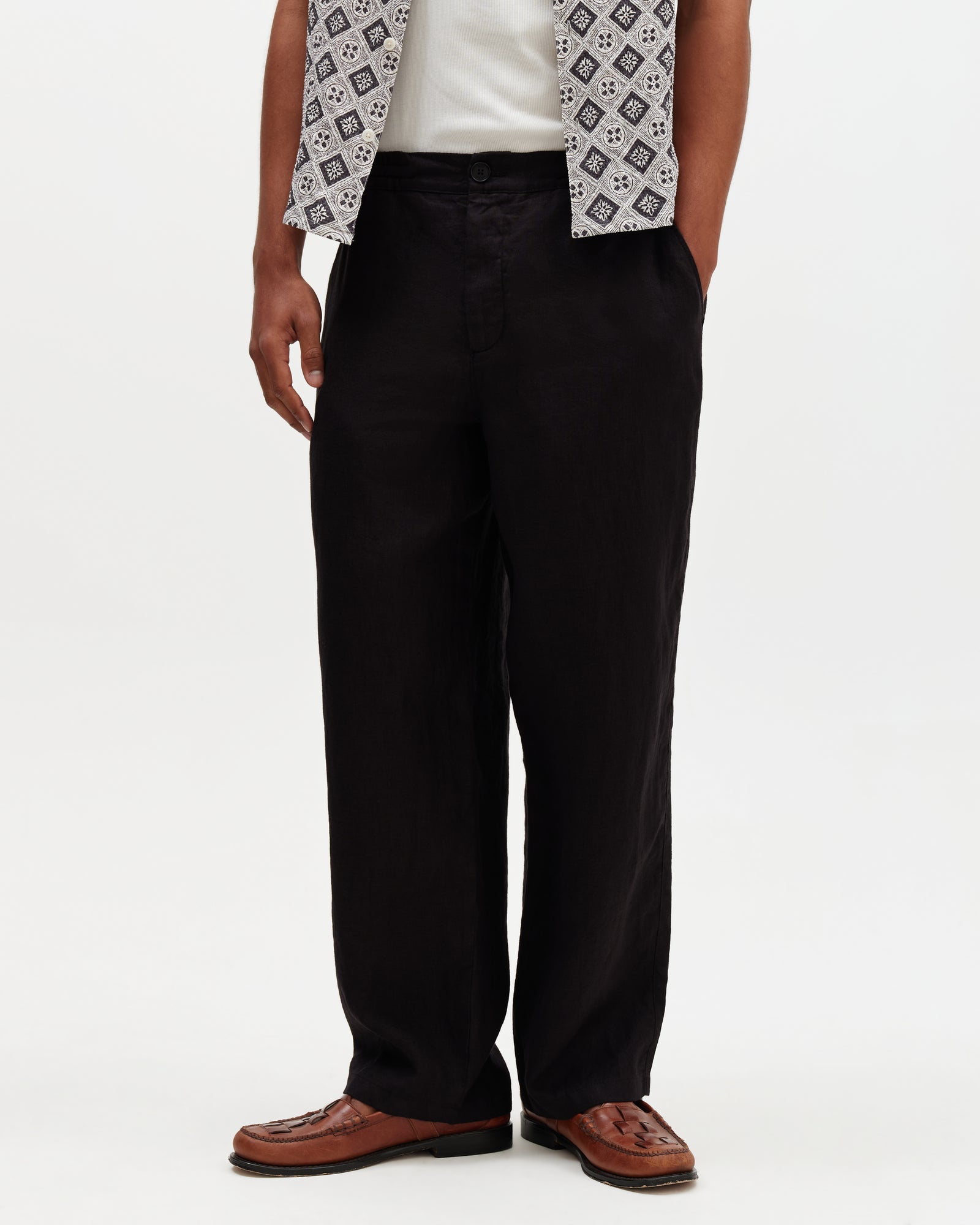 Men's Black Washed Linen Loose Fit Trousers | Wax London