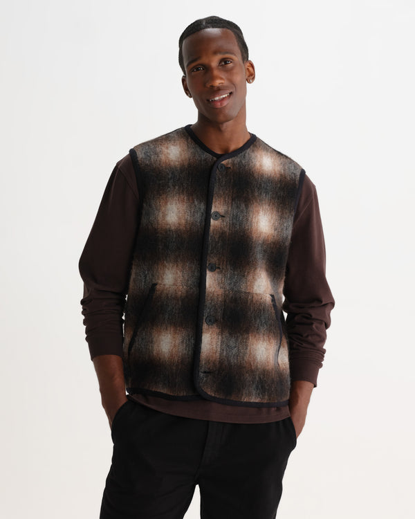 wax london men's GOWER GILET ELM WOOL BLEND CHECK BROWN / BLACK