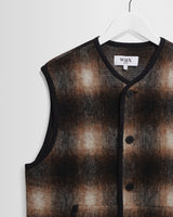 wax london men's GOWER GILET ELM WOOL BLEND CHECK BROWN / BLACK