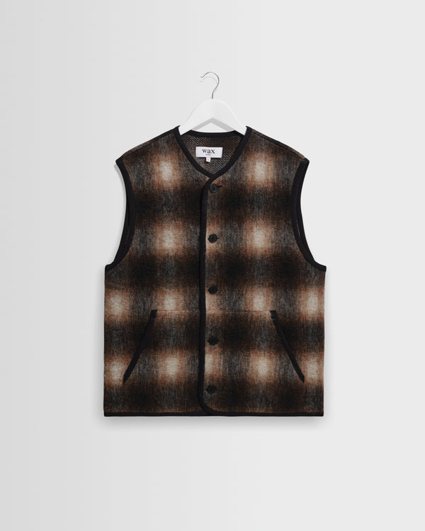 wax london men's GOWER GILET ELM WOOL BLEND CHECK BROWN / BLACK