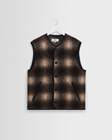 wax london men's GOWER GILET ELM WOOL BLEND CHECK BROWN / BLACK