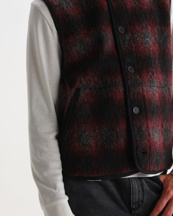 wax london men's GOWER GILET ELM WOOL BLEND CHECK RED / BLACK