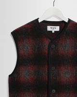 wax london men's GOWER GILET ELM WOOL BLEND CHECK RED / BLACK