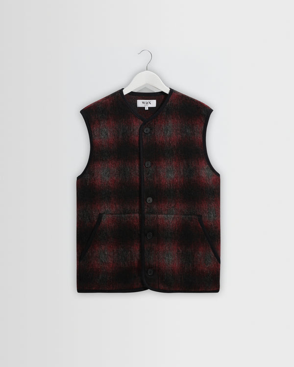 wax london men's GOWER GILET ELM WOOL BLEND CHECK RED / BLACK