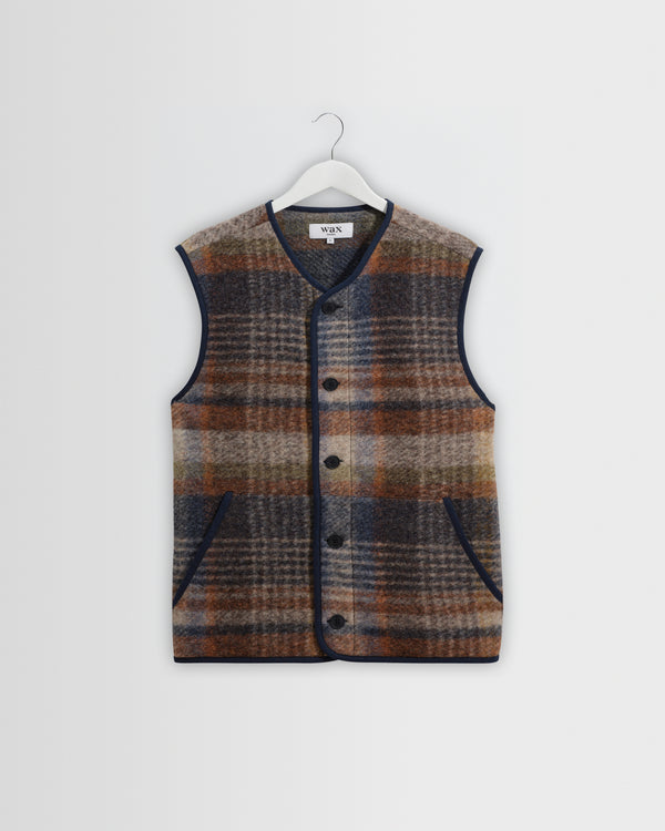 wax london men's Gower - Oatmeal And Multicolour Check Wool Gilet