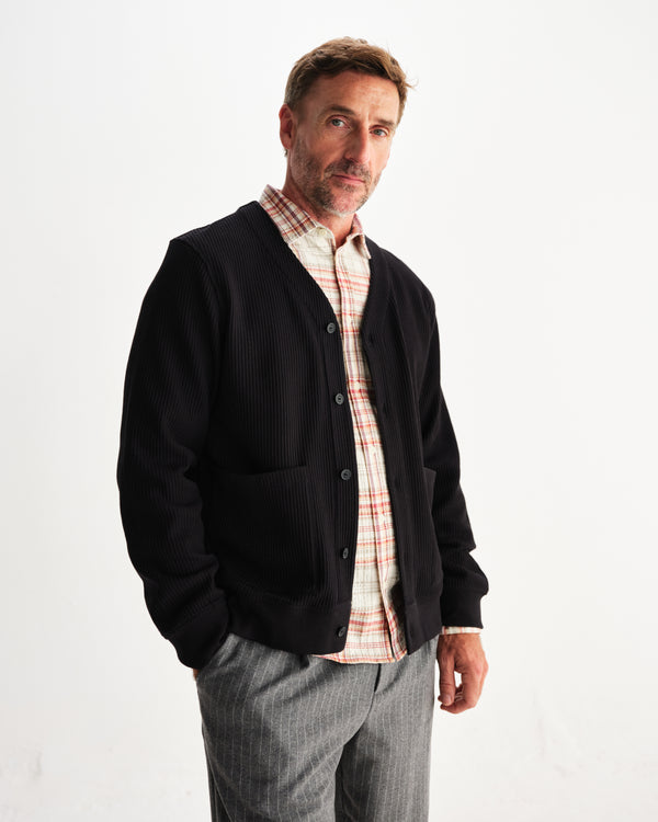 wax london men's Guildford - Black Structured Waffle Cardigan