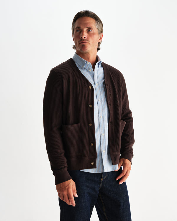 wax london men's Guildford - Dark Brown Structured Waffle Cardigan