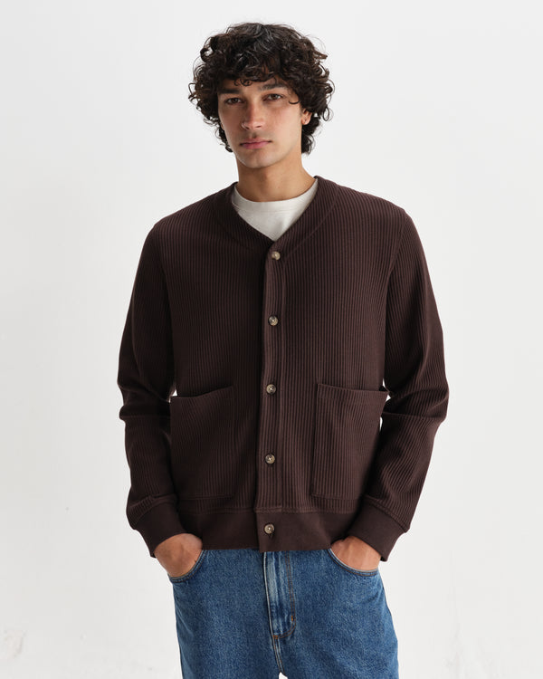 wax london men's Guildford - Dark Brown Structured Waffle Cardigan