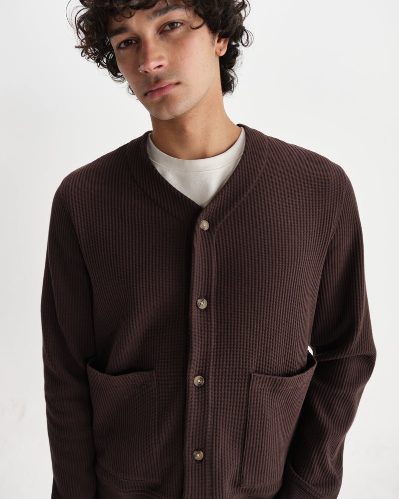 wax london men's Guildford - Dark Brown Structured Waffle Cardigan