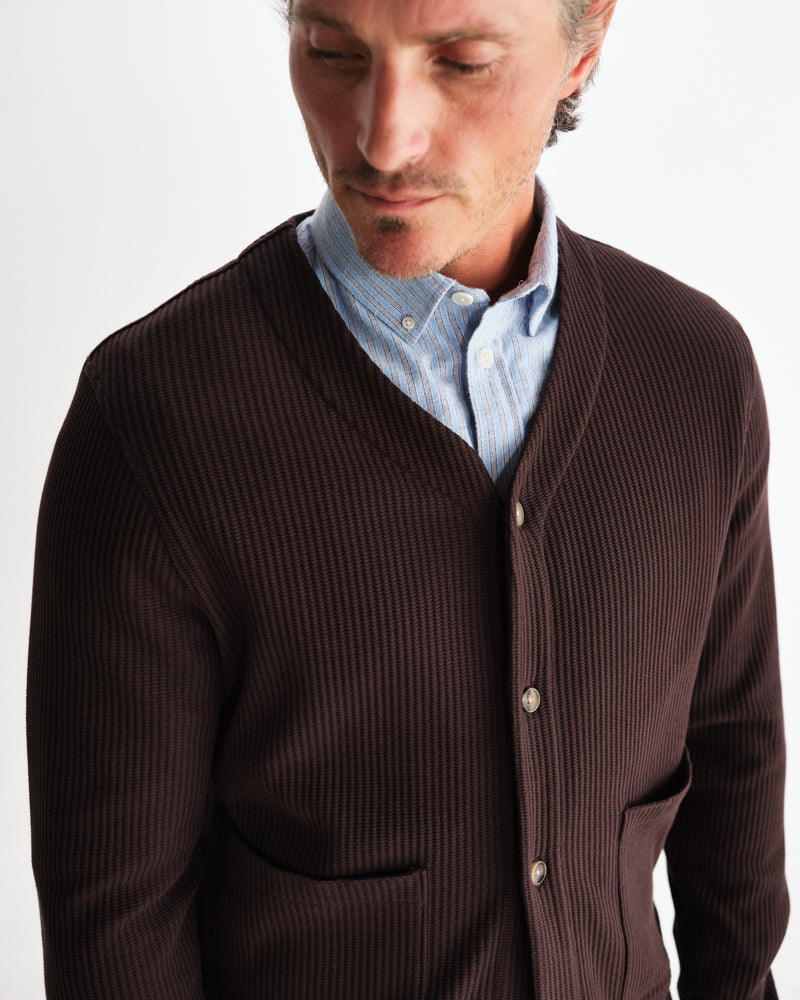 wax london men's Guildford - Dark Brown Structured Waffle Cardigan