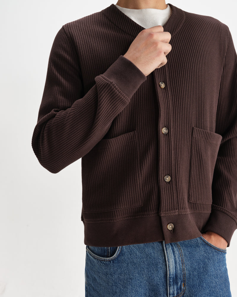 wax london men's Guildford - Dark Brown Structured Waffle Cardigan