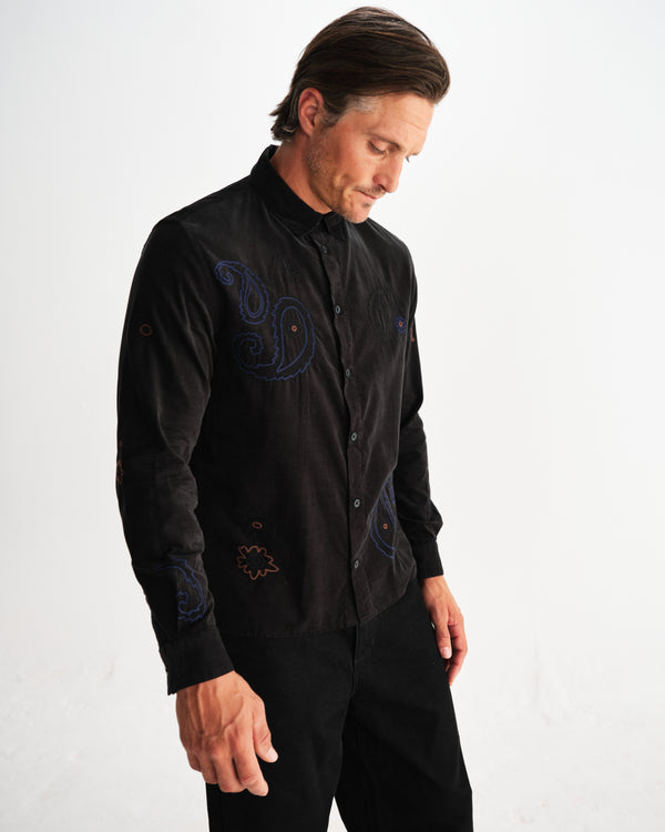 wax london men's Halcomb - Black And Multicolour Applique Corduroy Shirt