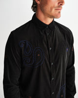 wax london men's Halcomb - Black And Multicolour Applique Corduroy Shirt