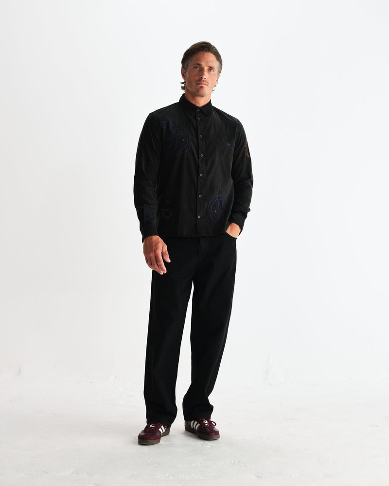 wax london men's Halcomb - Black And Multicolour Applique Corduroy Shirt