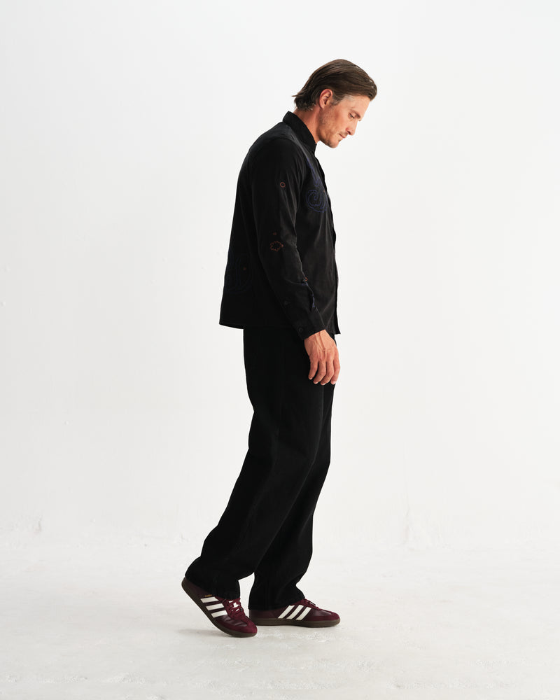wax london men's Halcomb - Black And Multicolour Applique Corduroy Shirt