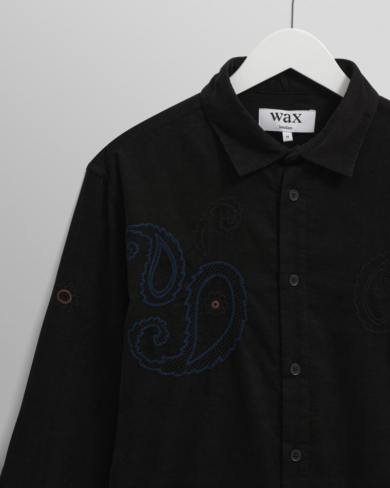 wax london men's Halcomb - Black And Multicolour Applique Corduroy Shirt