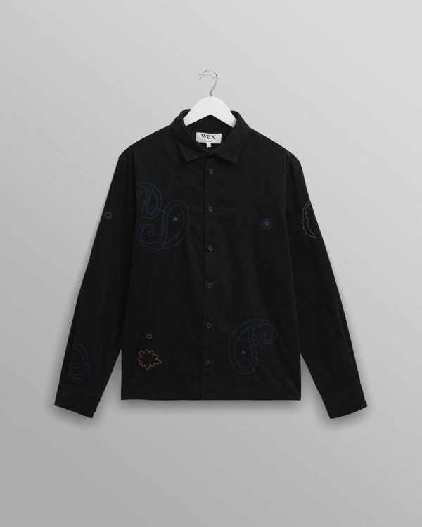 wax london men's Halcomb - Black And Multicolour Applique Corduroy Shirt