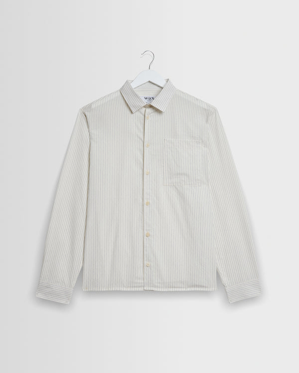 wax london men's Halcomb - Ecru And Blue Broken Stripe Cotton Shirt