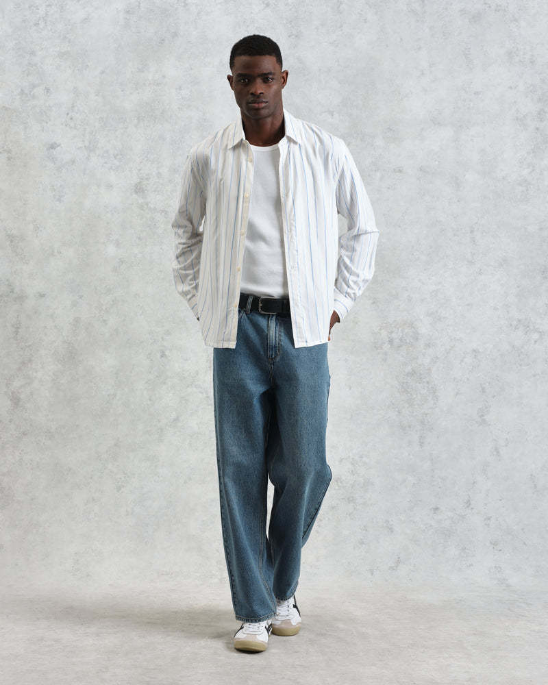 wax london men's Halcomb - Ecru Stripe Viscose Shirt