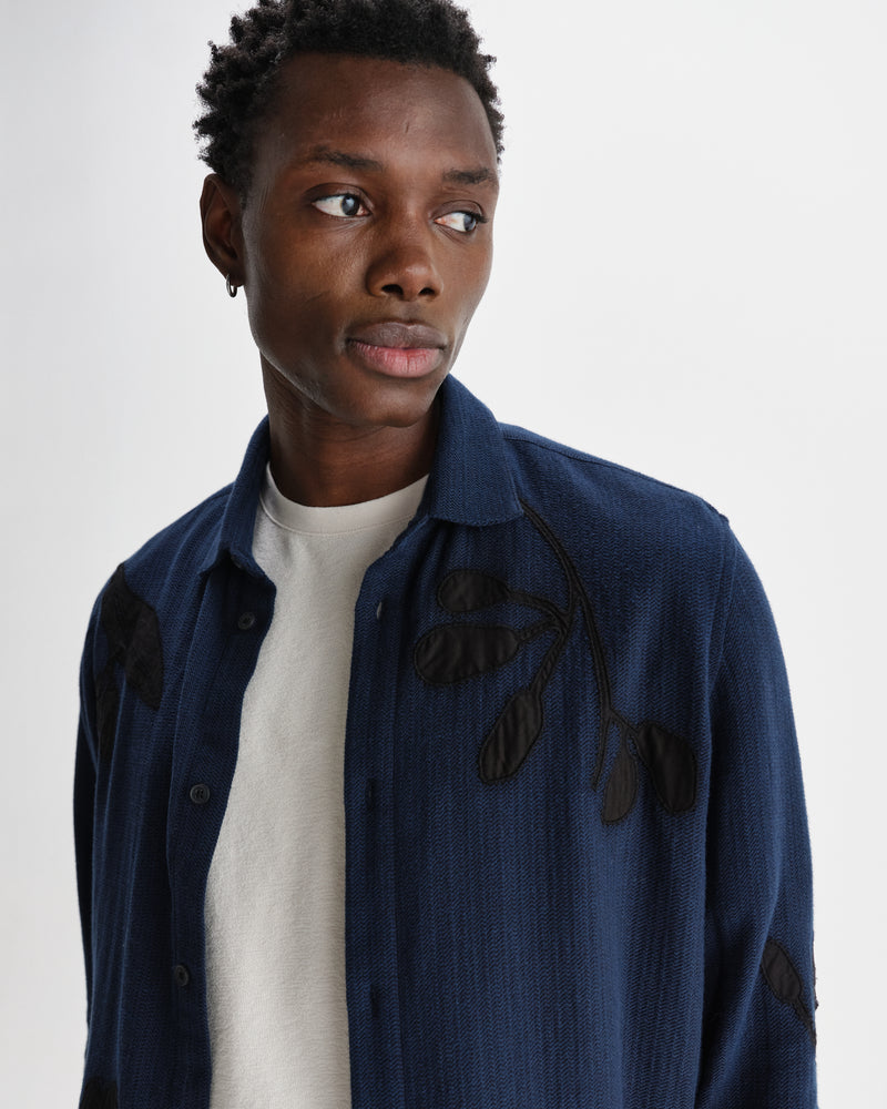 wax london men's Halcomb - Navy Herringbone Cotton Applique Shirt