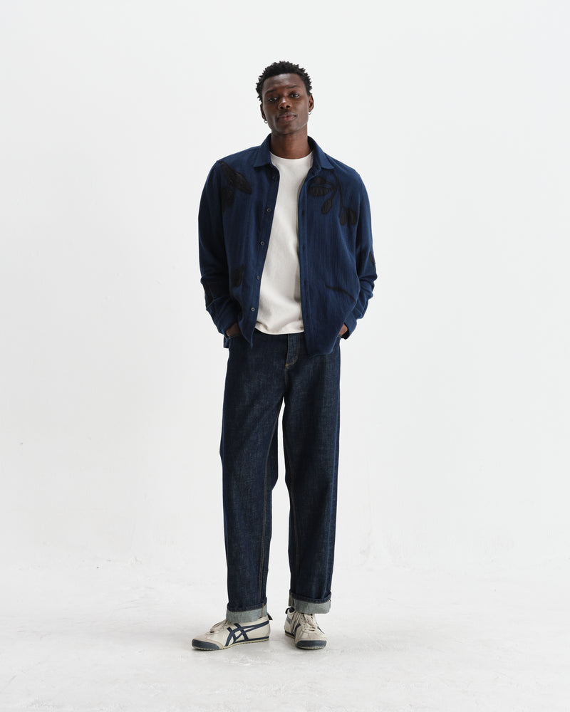 wax london men's Halcomb - Navy Herringbone Cotton Applique Shirt