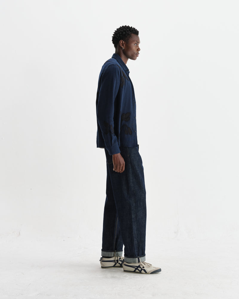 wax london men's Halcomb - Navy Herringbone Cotton Applique Shirt