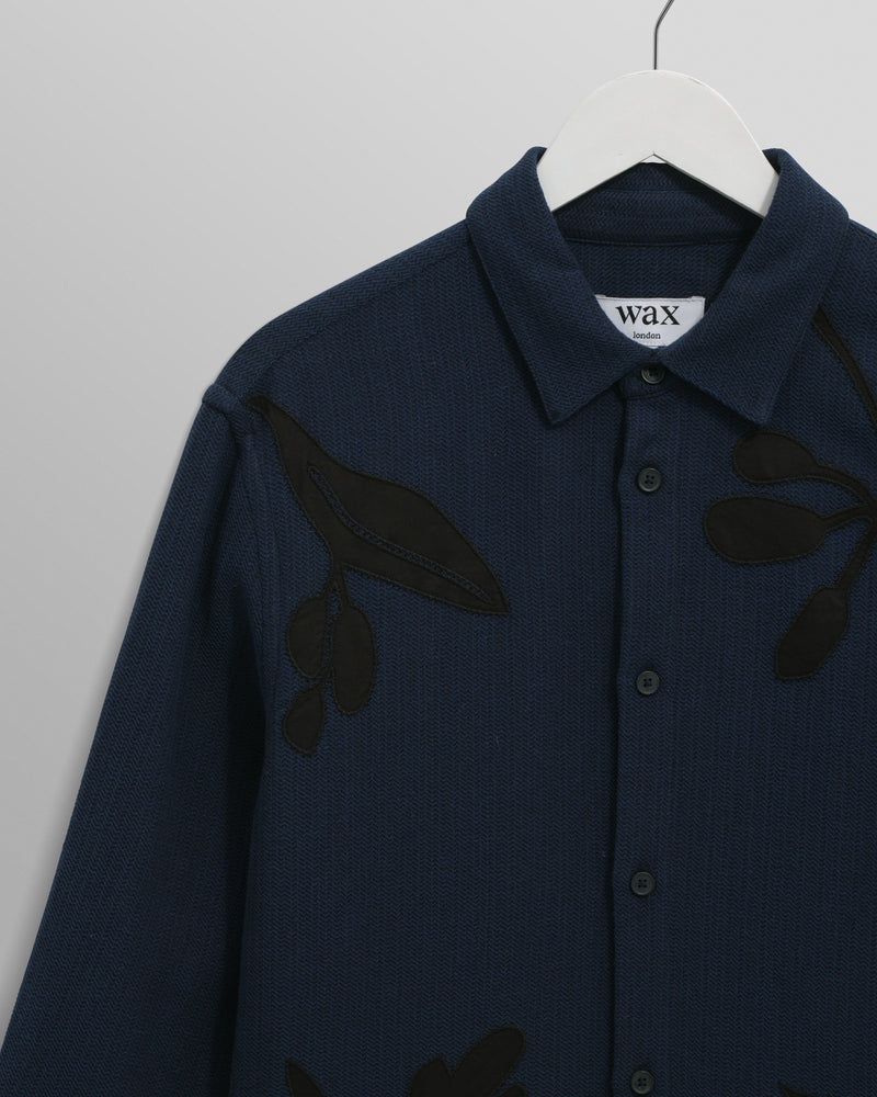 wax london men's Halcomb - Navy Herringbone Cotton Applique Shirt