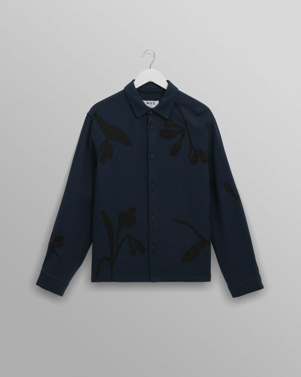 wax london men's Halcomb - Navy Herringbone Cotton Applique Shirt
