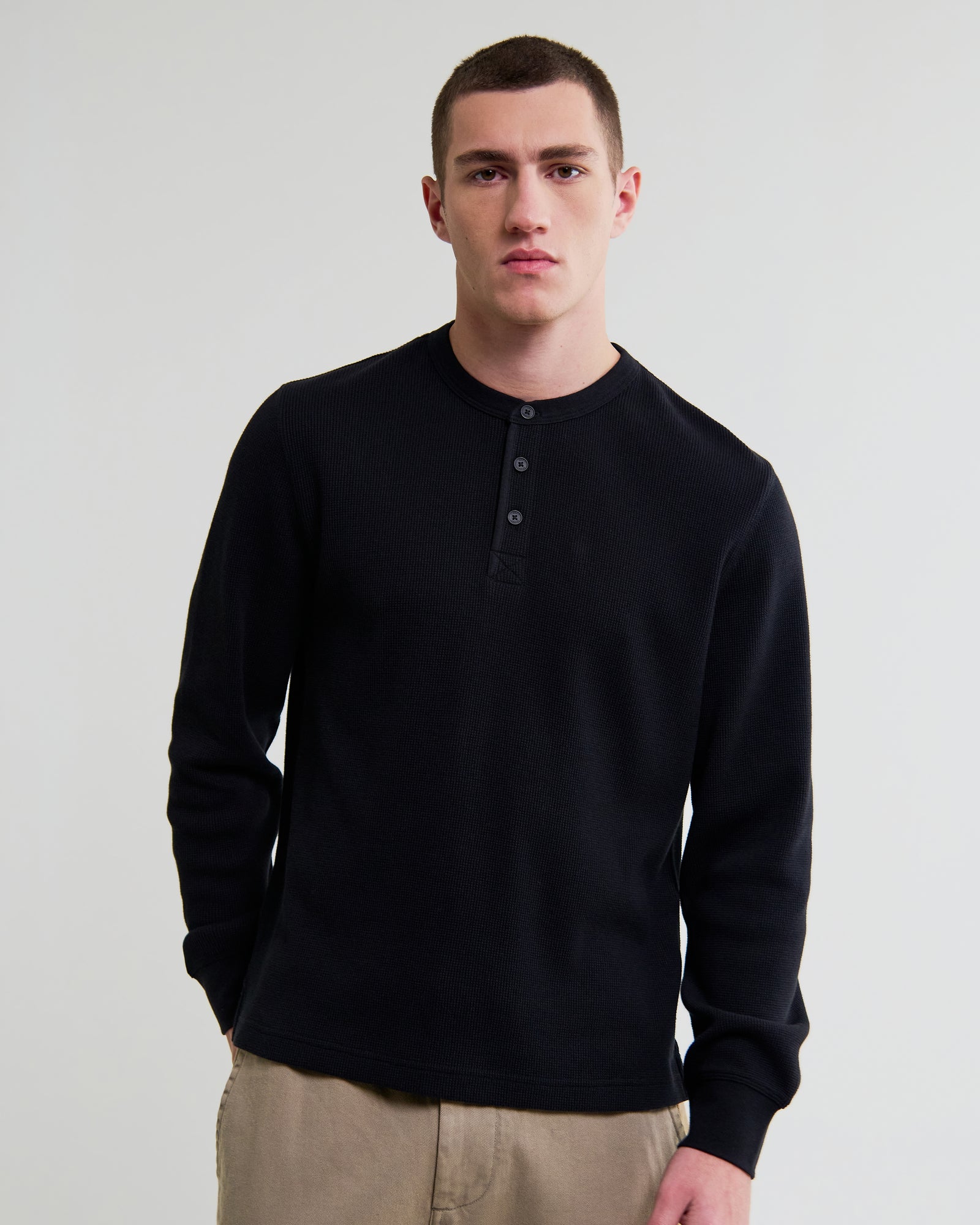 Men's Black Waffle Long-Sleeve Henley T-Shirt | Wax London