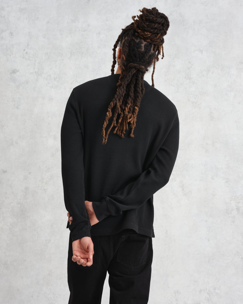 wax london Halton - Black Waffle Long-Sleeve Henley T-Shirt