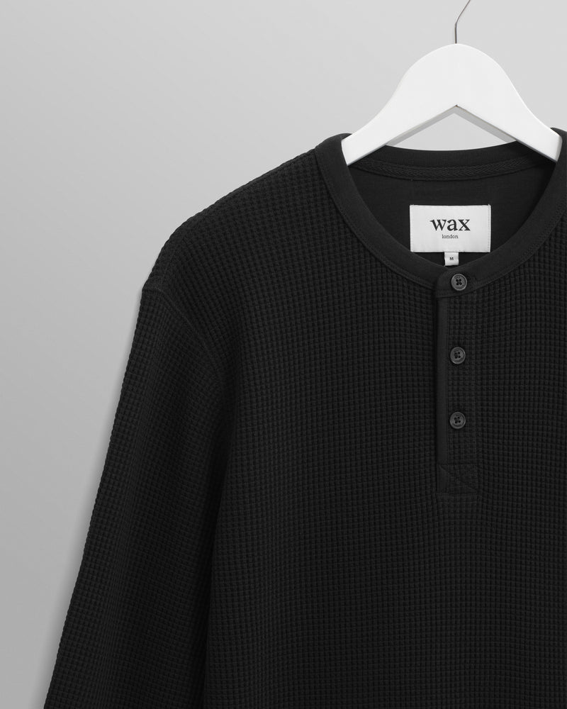 wax london Halton - Black Waffle Long-Sleeve Henley T-Shirt