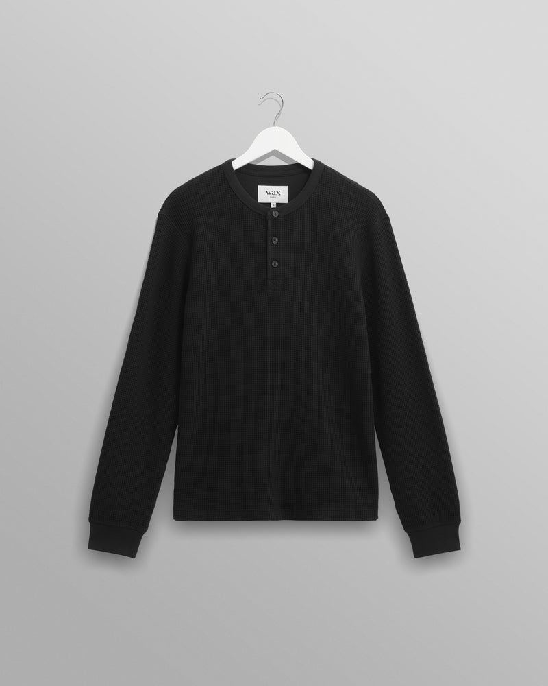 wax london Halton - Black Waffle Long-Sleeve Henley T-Shirt