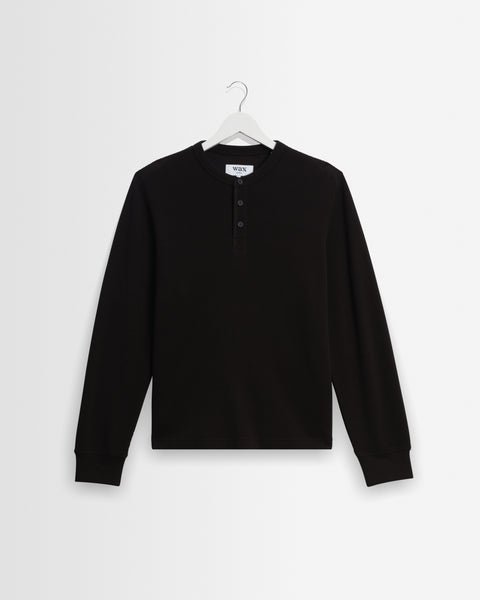 Halton - Black Waffle Long-Sleeve Henley T-Shirt