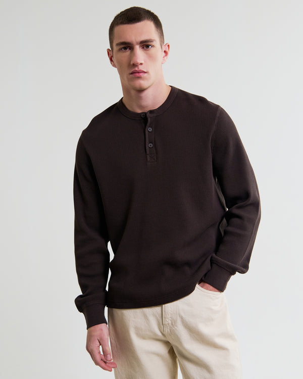 wax london men's Halton - Dark Brown Waffle Long-Sleeve Henley T-Shirt