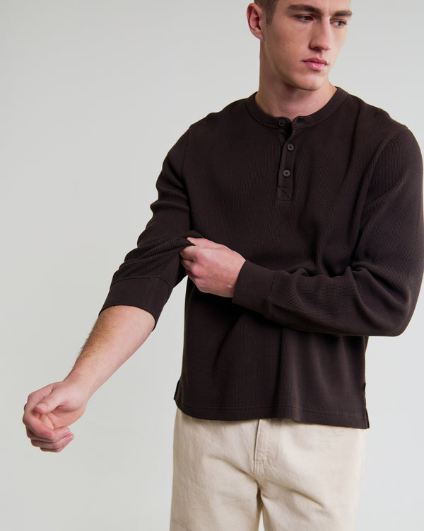wax london men's Halton - Dark Brown Waffle Long-Sleeve Henley T-Shirt