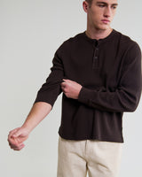 wax london men's Halton - Dark Brown Waffle Long-Sleeve Henley T-Shirt