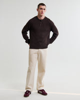 wax london men's Halton - Dark Brown Waffle Long-Sleeve Henley T-Shirt