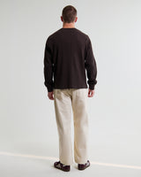 wax london men's Halton - Dark Brown Waffle Long-Sleeve Henley T-Shirt